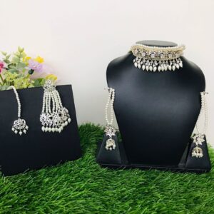 Flat lay of a luxurious Pearl Choker Set featuring a choker necklace and matching earrings, ideal for weddings and celebrations.