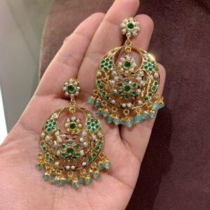 Traditional Hyderabadi green chandbali earrings for bridal wear