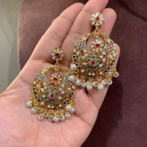 Multicolor Chandbali earrings with intricate jadau work and vibrant stones