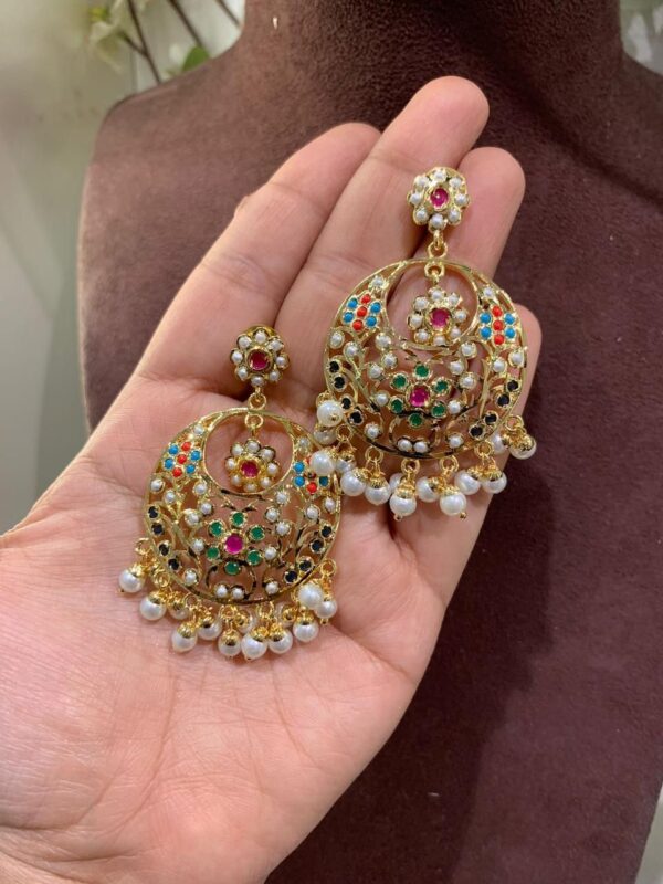 Multicolor Chandbali earrings with intricate jadau work and vibrant stones