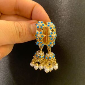 Turquoise Jhumki Earrings featuring handcrafted alloy design with semi-precious pearls – perfect for traditional and modern attire