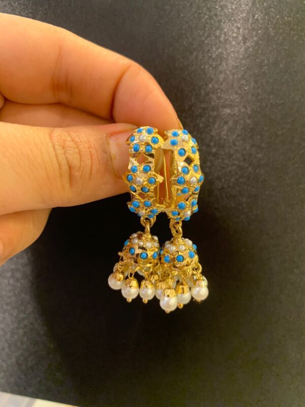 Turquoise Jhumki Earrings featuring handcrafted alloy design with semi-precious pearls – perfect for traditional and modern attire